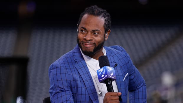 Television analyst Richard Sherman on the set before the game between the Houston Texans and the San Francisco 49ers at NRG Stadium.